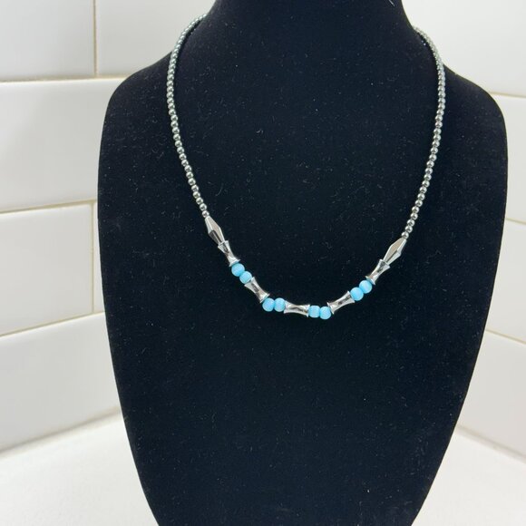 Hematite and Blue Cats Eye Glass Beaded Necklace - Picture 6 of 6